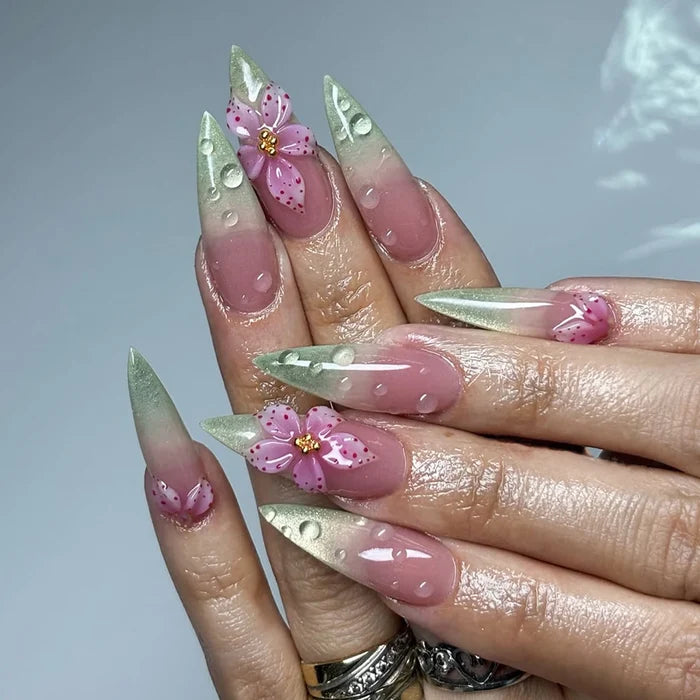 3D Sakura French Ombre Cat-Eye Fake Nails 24 Pieces Elegant Design for Daily Use