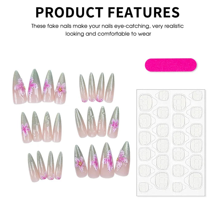 3D Sakura French Ombre Cat-Eye Fake Nails 24 Pieces Elegant Design for Daily Use