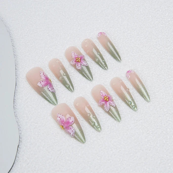 3D Sakura French Ombre Cat-Eye Fake Nails 24 Pieces Elegant Design for Daily Use