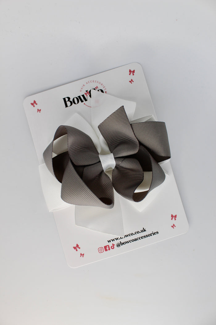 4.5 Inch Double Bow - Clip - Metal Grey and White