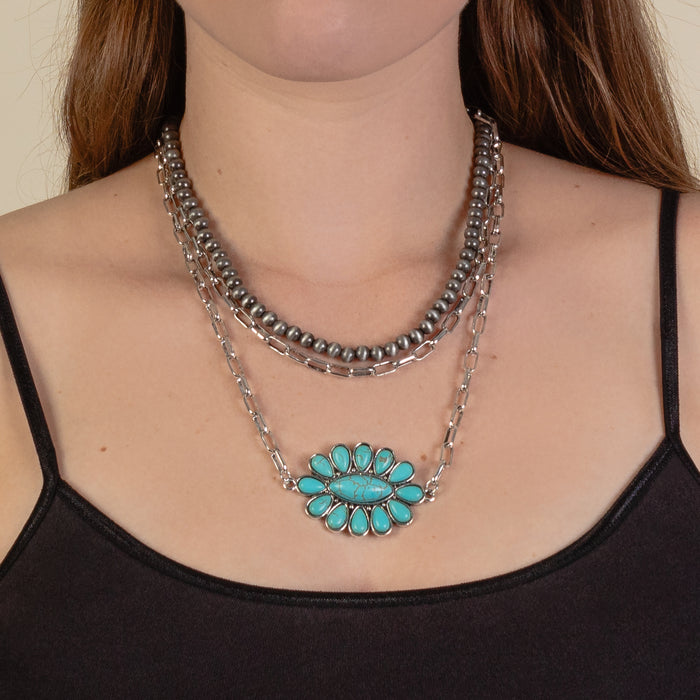 92096 - Layered Squash Blossom Necklace - Turquoise & Silver