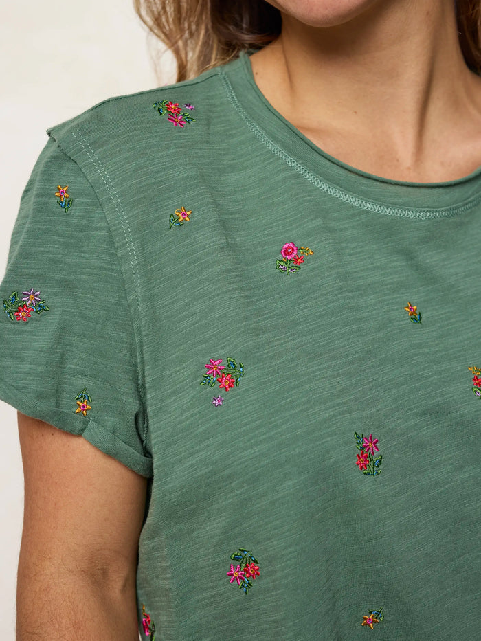 Aiden Embroidered Cotton Tee - Olive Flowers-view 1