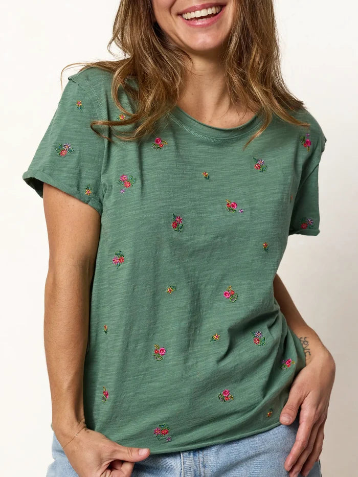 Aiden Embroidered Cotton Tee - Olive Flowers-view 2