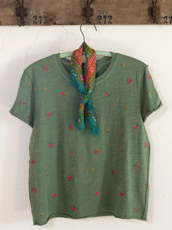 Aiden Embroidered Cotton Tee - Olive Flowers-view 3