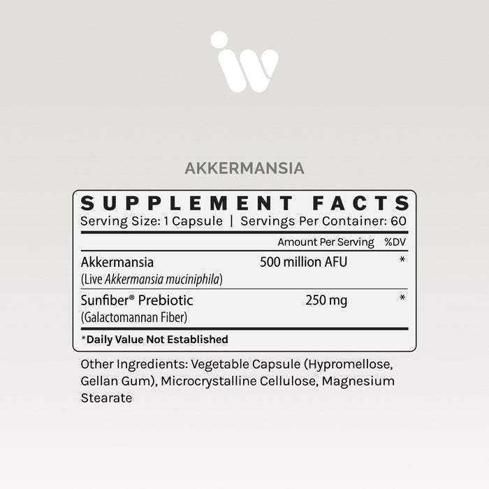 Supplement Facts panel for InfiniWell Akkermansia supplement showing Akkermansia, Sunfiber prebiotic, and serving size.