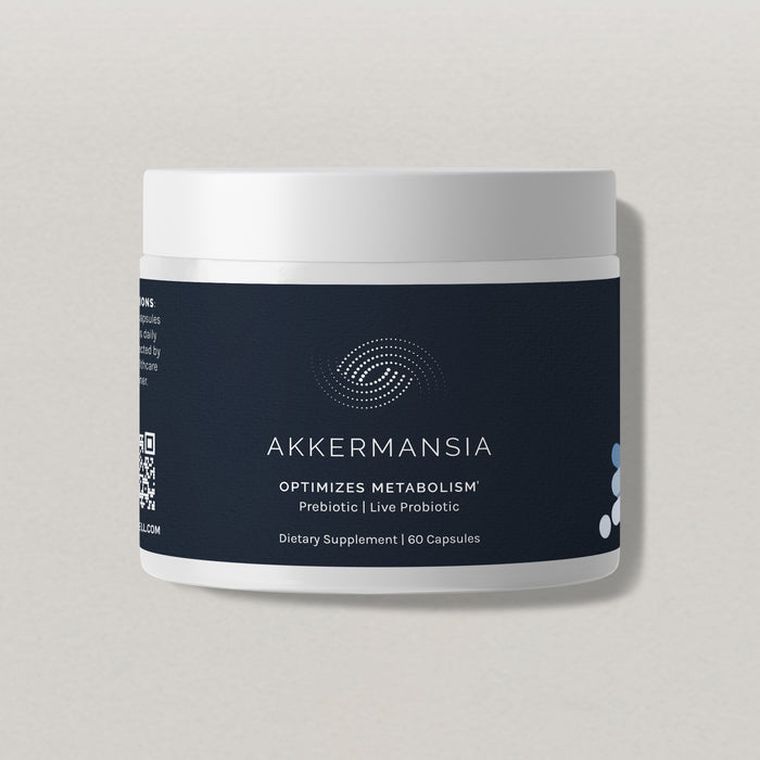 Front view of InfiniWell Akkermansia probiotic supplement jar for metabolism support, 60 capsules.