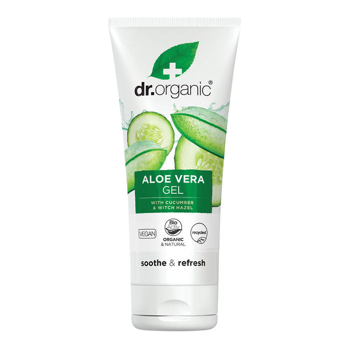 200ml bottle Dr. Organic Aloe Vera Gel with Cucumber, an organic gel for sunburn, irritated skin, and insect bites.