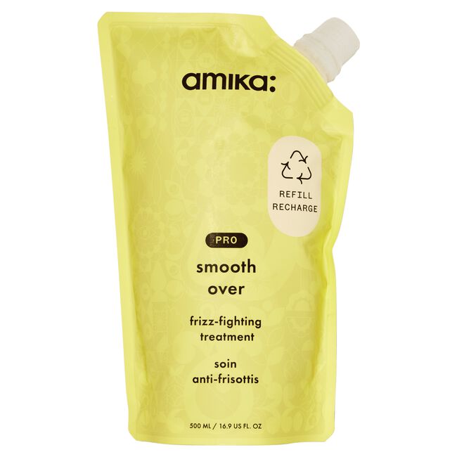 Yellow refill pouch of amika smooth over frizz-fighting treatment on a white background - Hair Care Canada