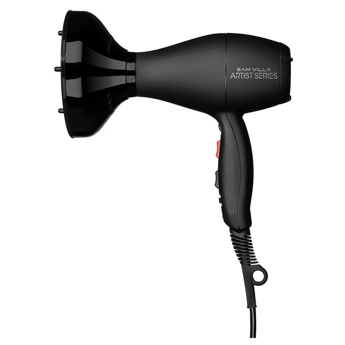 Side profile of the Sam Villa Artist Series Hair Dryer with diffuser attachment showing ergonomic, lightweight design.