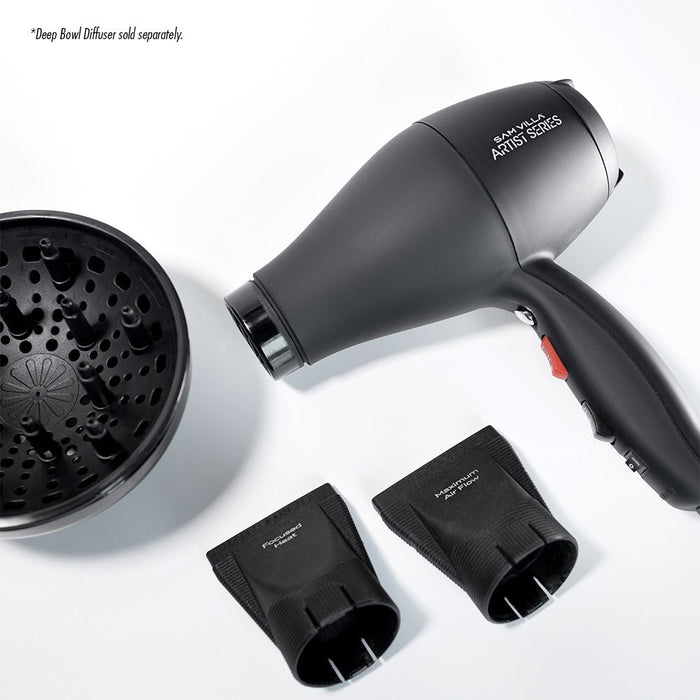 Sam Villa Artist Series Professional Hair Dryer — powerful ionic hair dryer for smooth, shiny blowouts. Includes 2 nozzles. Blow Dryer Diffuser shown is sold separately.