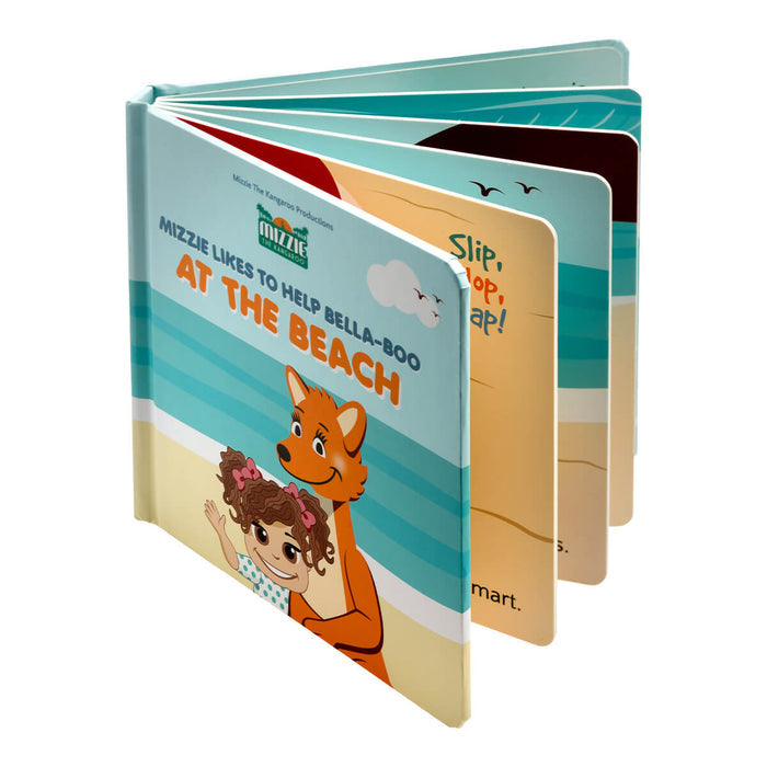 Mizzie The Kangaroo 'At The Beach' Interactive Baby Book, a sensory book for babies and toddlers teaching them about fun and safety at the beach. Hardcover board book with touch-and-feel components.