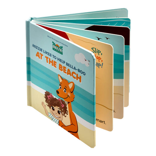 Mizzie The Kangaroo 'At The Beach' Interactive Baby Book, a sensory book for babies and toddlers teaching them about fun and safety at the beach. Hardcover board book with touch-and-feel components.