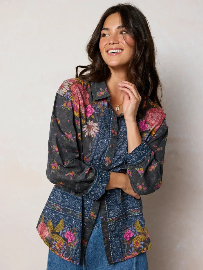 Barcelona Cotton Button Down - English Garden Charcoal-view 1