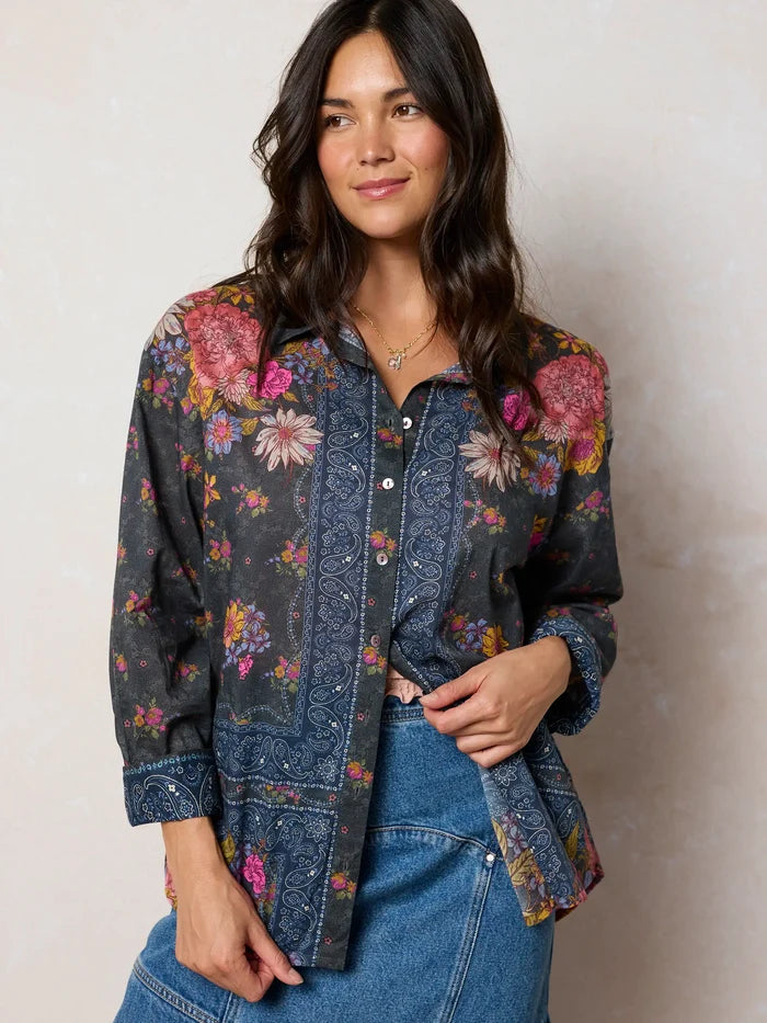 Barcelona Cotton Button Down - English Garden Charcoal-view 4