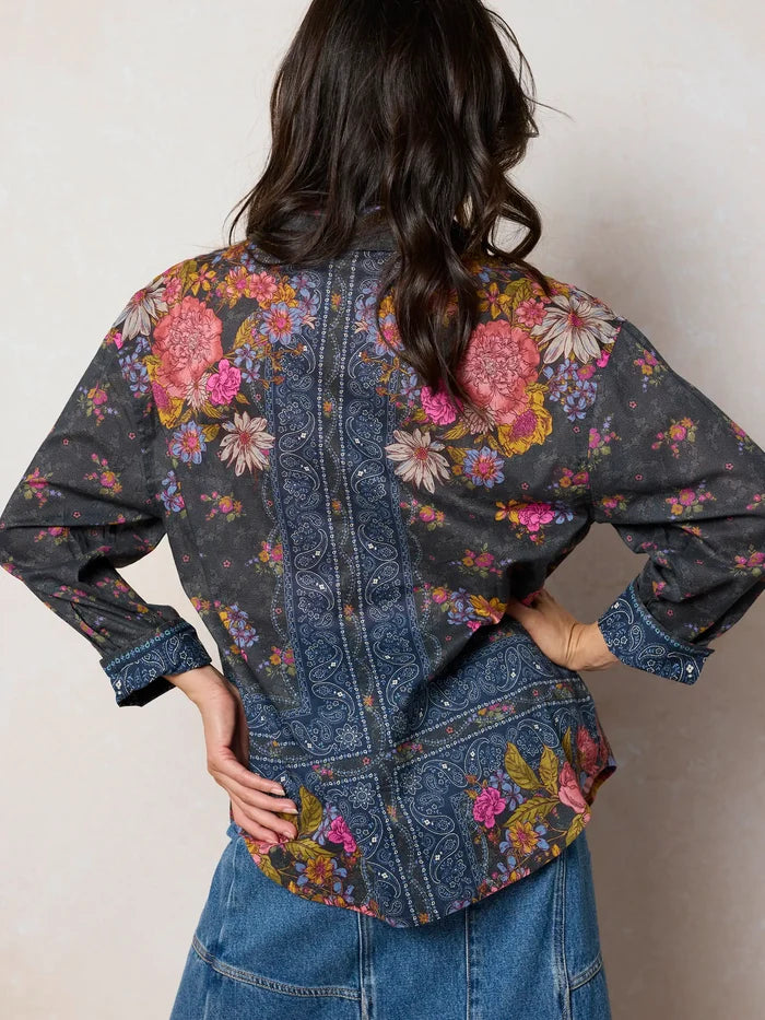 Barcelona Cotton Button Down - English Garden Charcoal-view 6