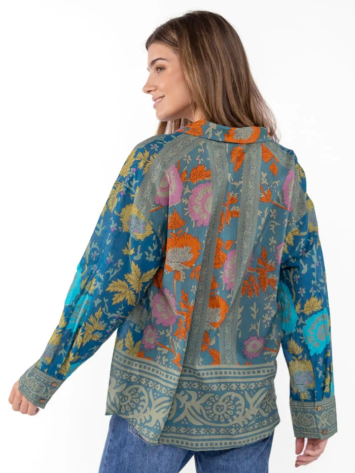 Barcelona Cotton Button Down - Teal Botanica-view 2