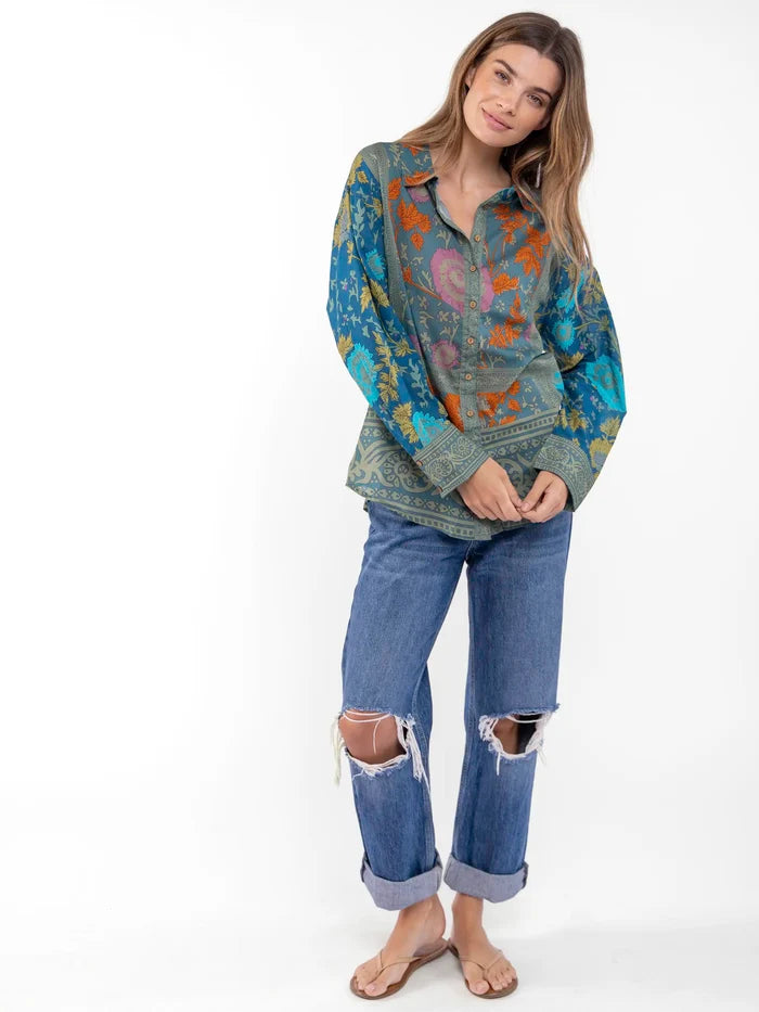 Barcelona Cotton Button Down - Teal Botanica-view 3