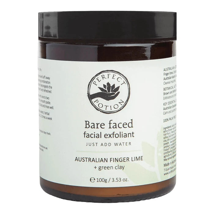 A jar of Perfect Potion Bare Faced Facial Exfoliant in Australian Finger Lime + green clay, featuring a white label and dark brown container on a white background.