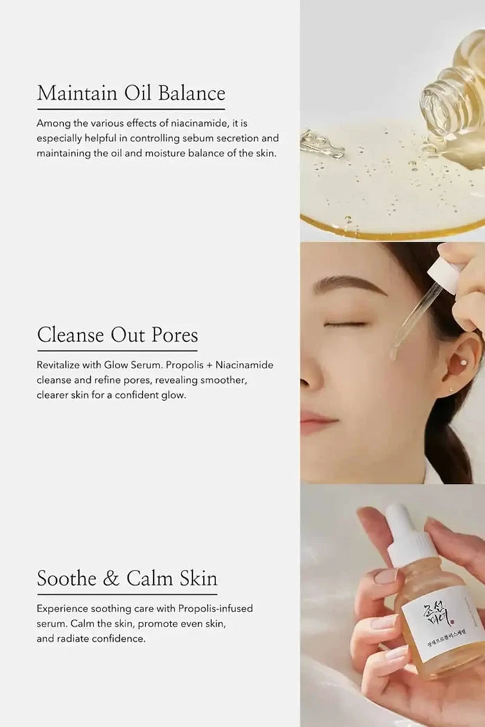 Detailing the effects of Niacinamide and Propolis in this best serum for acne prone skin to maintain oil balance and cleanse pores.