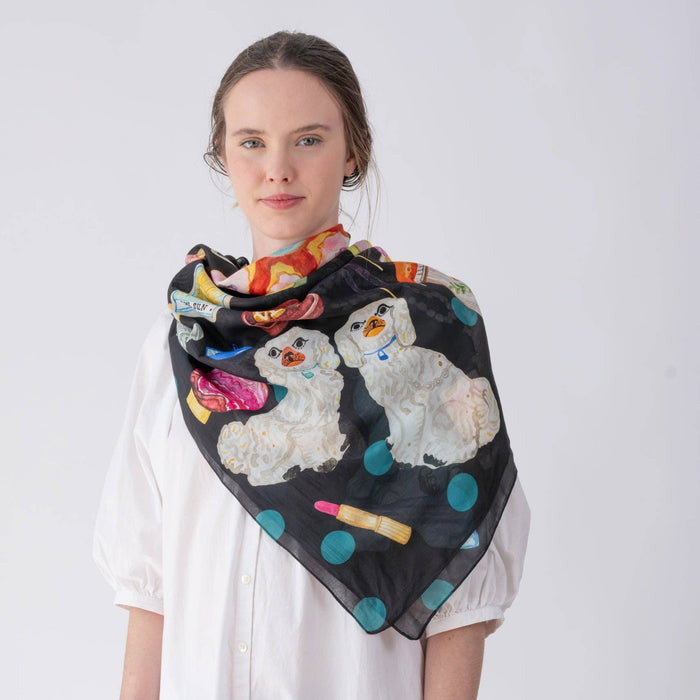 betsy olmsted scarf, little things scarf, vintage inspired scarf, bohemian scarf, silk style scarf, art scarf, collectible inspired fashion, statement scarf, giftable accessories