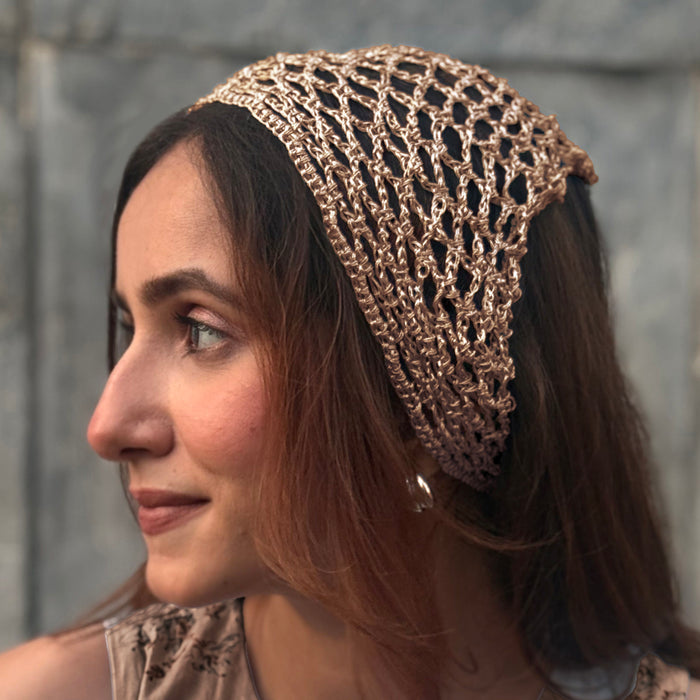 Bohemian crochet headscarf in dull gold zari with fine metallic warmth and soft texture