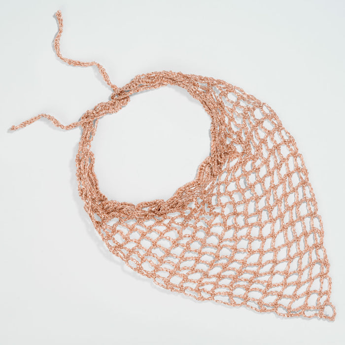 Fine zari crochet headscarf with lightweight feel and muted gold tone for all-day comfort