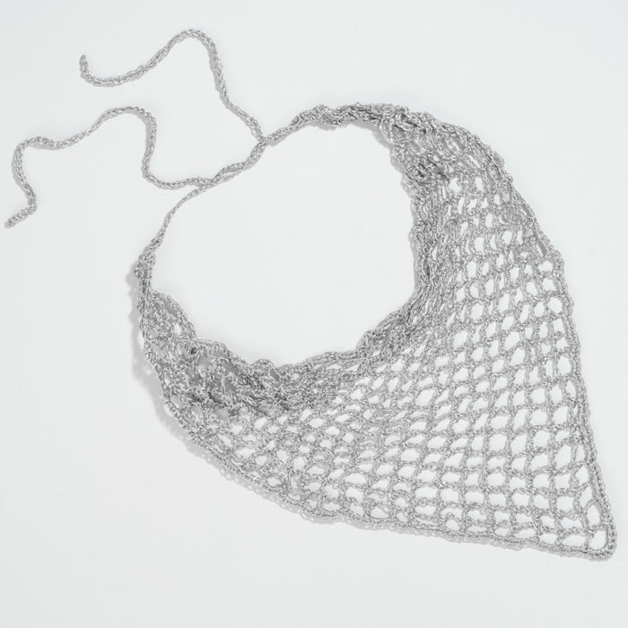 Fine silver crochet headscarf with lightweight feel and subtle shimmer for all-day comfort