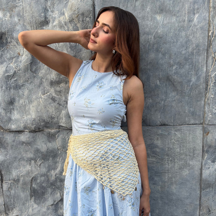 Breathable poly-cotton crochet headscarf in off-white - styled as bandana, wrap, or belt for laid-back outings