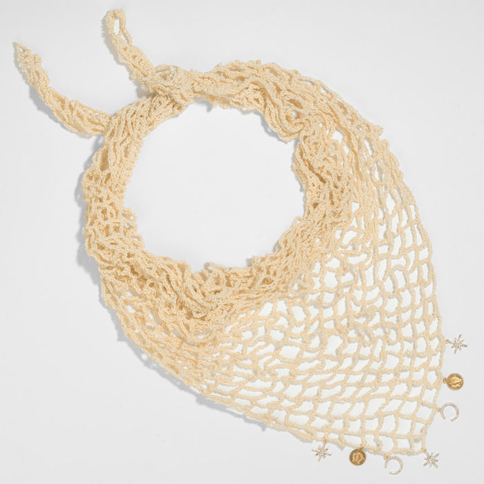 Bohemian crochet headscarf in off-white poly-cotton with breathable, lightweight feel and structure