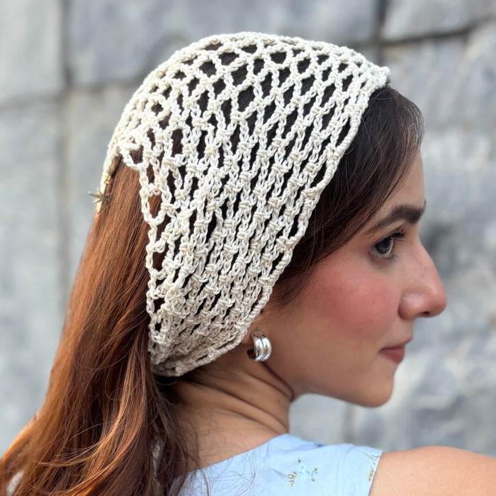 Boho headscarf in cream crochet with dangling celestial charms, wears multiple ways for summer