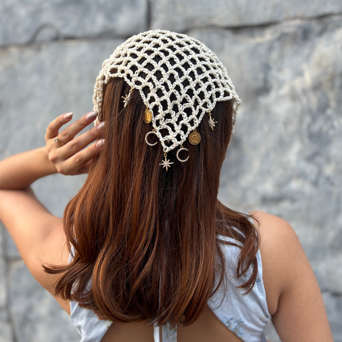 Crochet hair wrap with star moon coin charms in gold, off-white headscarf ties easy for concerts