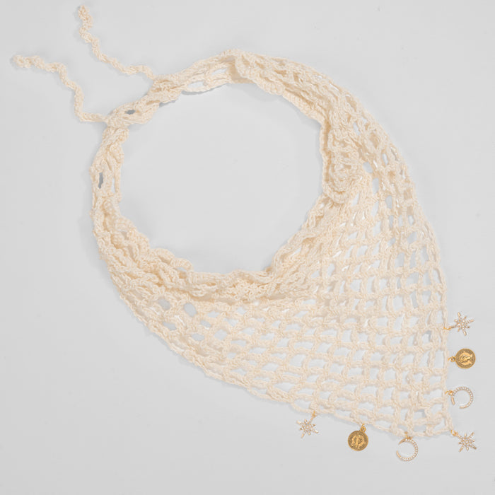 Crochet headscarf in off white with gold celestial charms that move, ties as bandana or wrap