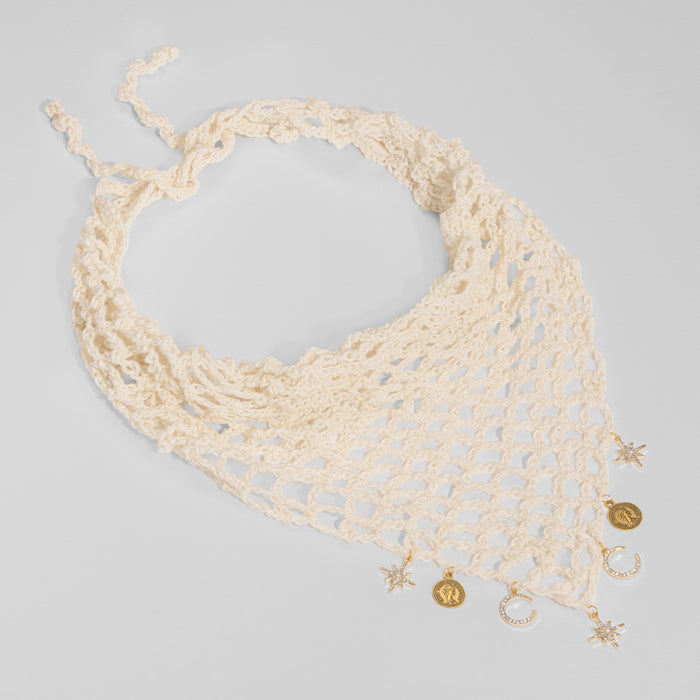 Neutral crochet bandana with moving gold charms, bohemian headscarf catches light all day long