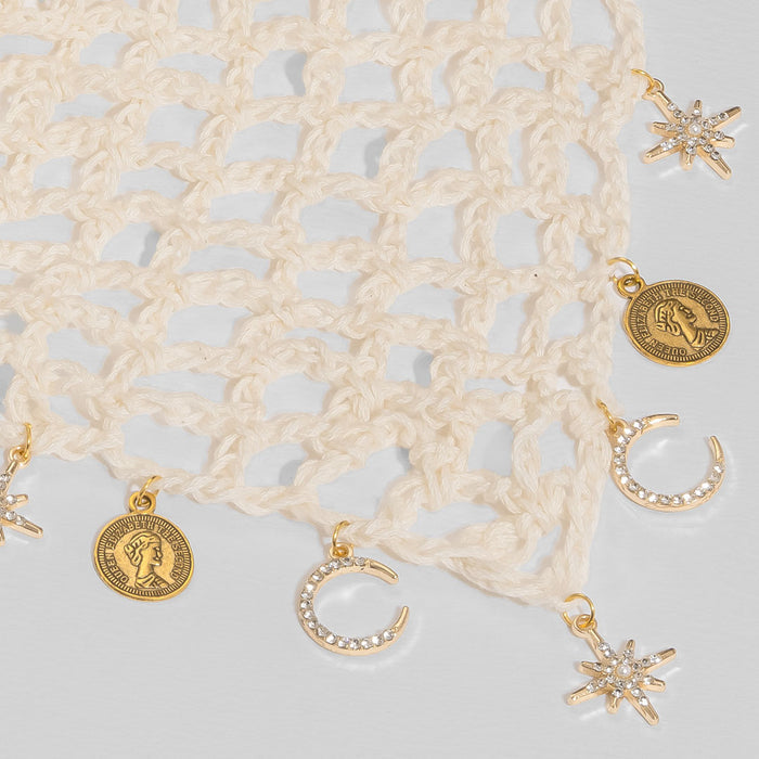 Cream crochet headscarf featuring celestial charm details, versatile bandana for sunny day styling
