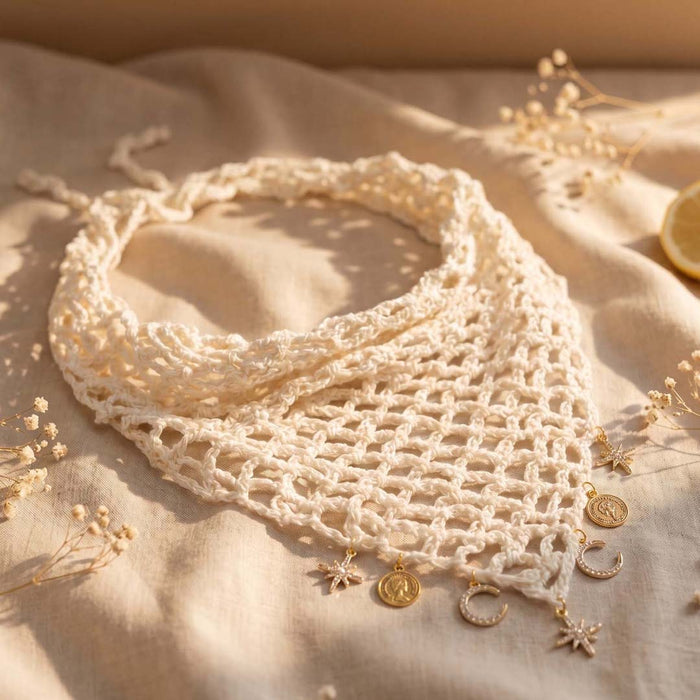 Crochet headscarf in off white with gold celestial charms that move, ties as bandana or wrap