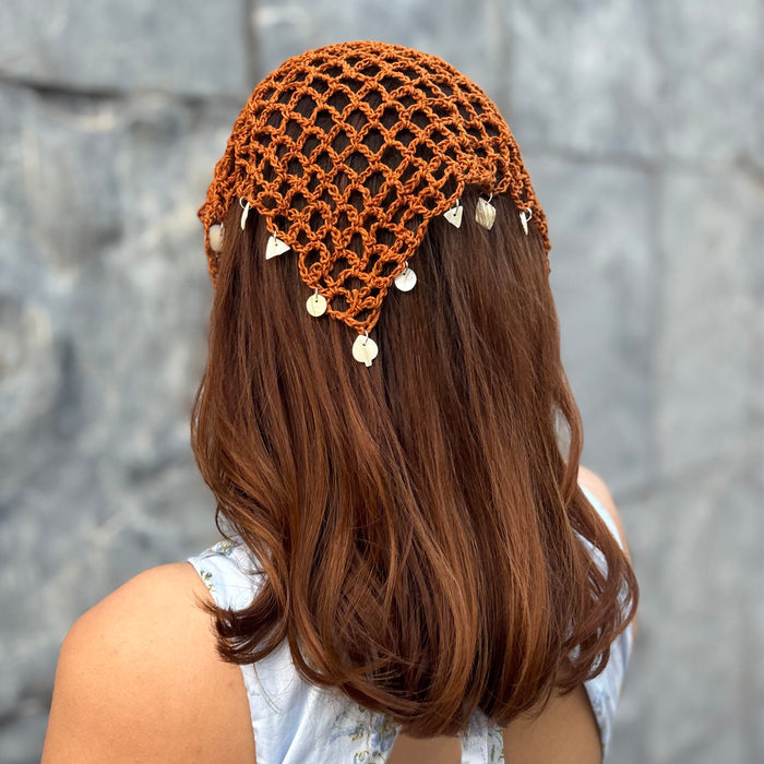 Bohemian Crochet Headscarf with Shell Charms - Brown -  Small