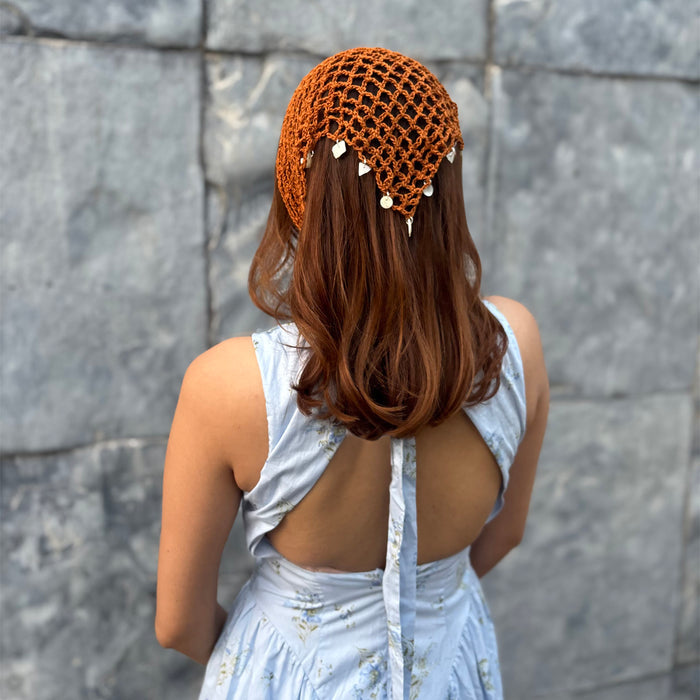 Bohemian Crochet Headscarf with Shell Charms - Brown -  Small