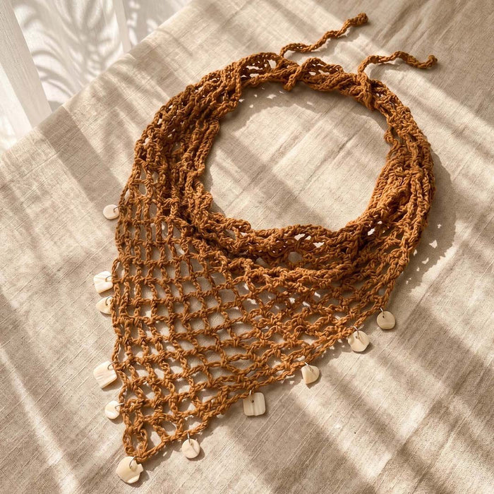 Bohemian Crochet Headscarf with Shell Charms - Brown -  Small