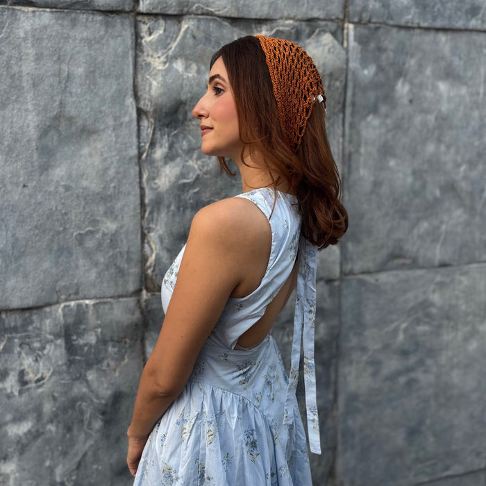 Bohemian Crochet Headscarf with Shell Charms - Brown -  Small