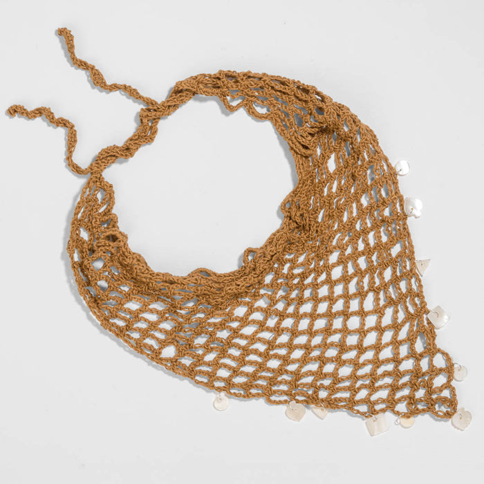 Bohemian Crochet Headscarf with Shell Charms - Brown -  Small