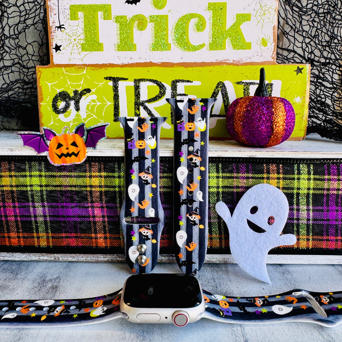 boo crew apple watch band â charcoal silicone with pumpkins, ghosts and stars; fits 38â49 mm