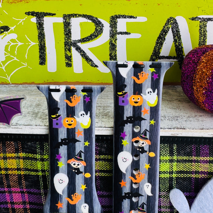 boo crew apple watch band â charcoal silicone with pumpkins, ghosts and stars; fits 38â49 mm