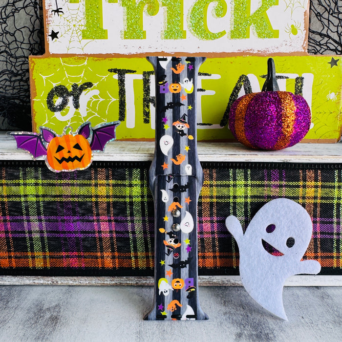 boo crew apple watch band â charcoal silicone with pumpkins, ghosts and stars; fits 38â49 mm