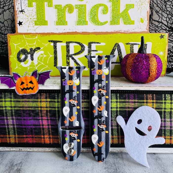 boo crew apple watch band â charcoal silicone with pumpkins, ghosts and stars; fits 38â49 mm