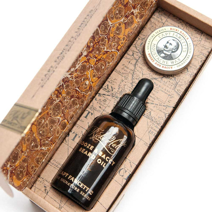 Captain Fawcett and Ricki Hall Booze & Baccy moustache wax and beard oil