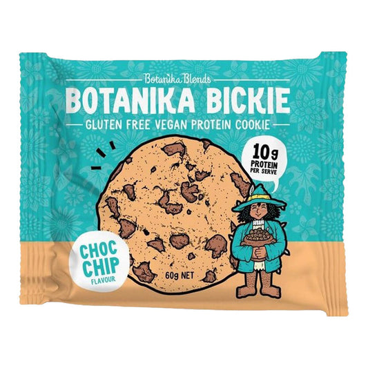 Botanika Bickie gluten free vegan protein cookie packaging with a cartoon character holding a cookie.