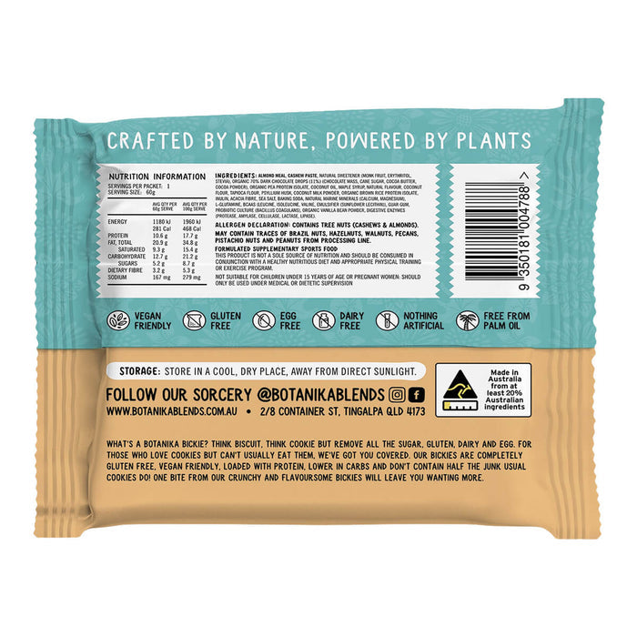 Back of a plant-based snack bar packaging with text and branding.