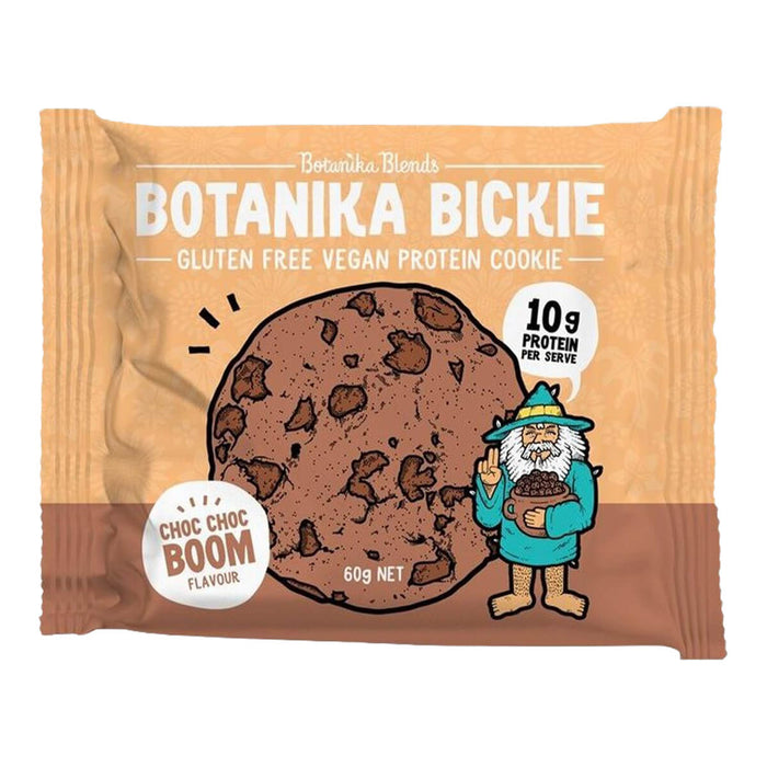 Botanika Bickie gluten-free vegan protein cookie package with cartoon wizard illustration.
