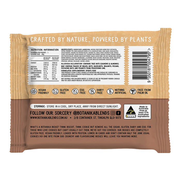 Back of a plant-based snack bar packaging with text and branding.
