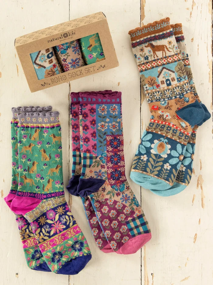 Boxed Boho Sock Set, Set of 3 - Blue Dog-view 1